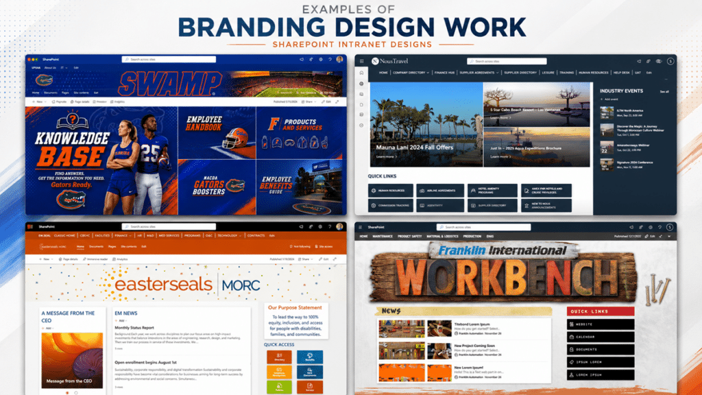 Collage of branded SharePoint intranet design examples showing University of Florida, NousTravel, Easterseals MORC, and Franklin International intranet home pages.