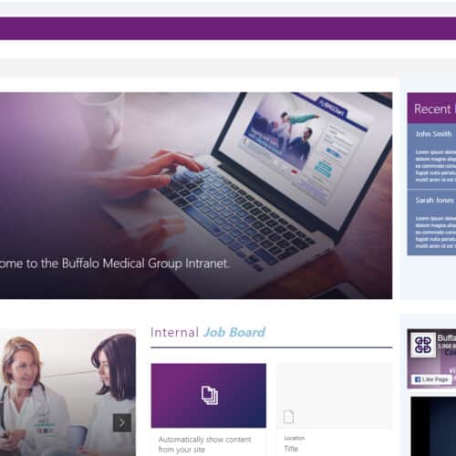 Screenshot of a healthcare SharePoint intranet homepage with patient experience feedback, job board, and employee resources