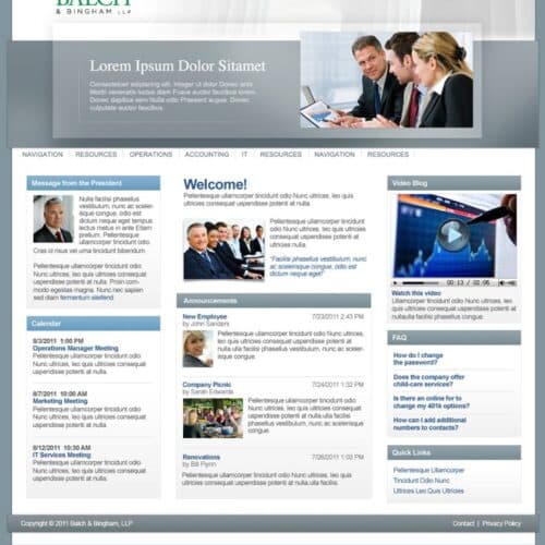 Screenshot of a legal firm SharePoint intranet homepage with announcements, leadership message, calendar, FAQ, and quick links