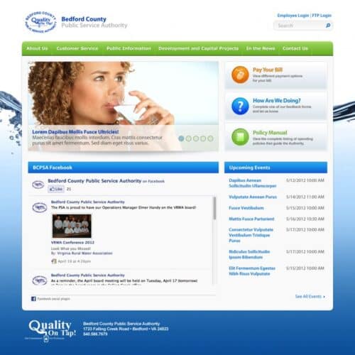 Screenshot of a public utility SharePoint intranet homepage with customer services, announcements, events, and policy links