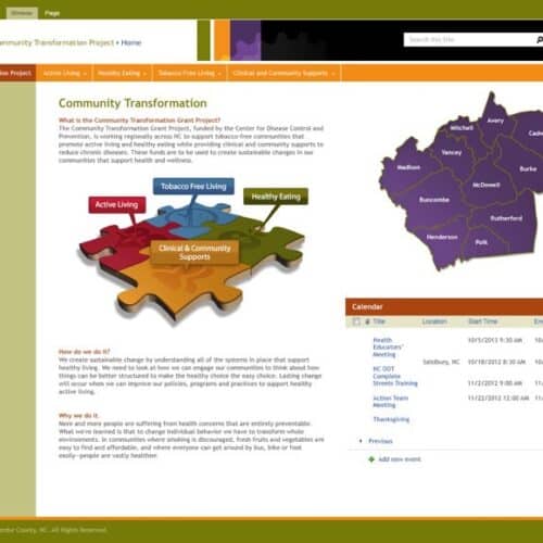 Screenshot of a public health SharePoint intranet page with community programs, resources, and regional map