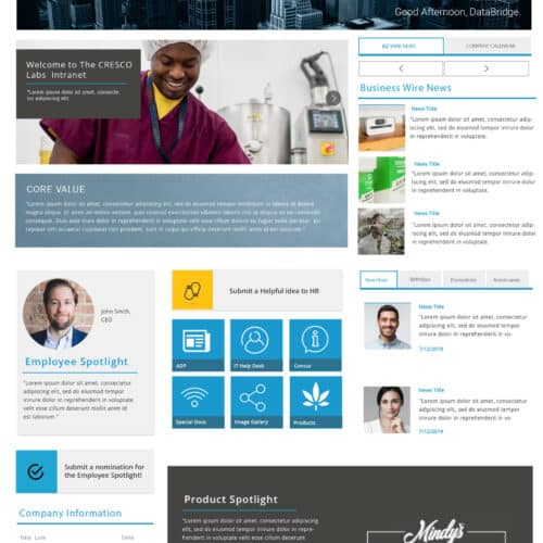 Screenshot of a life sciences SharePoint intranet homepage with employee spotlight, news, quick links, and company information