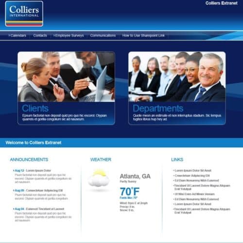 Screenshot of a corporate SharePoint extranet homepage with client access, department portals, announcements, and links