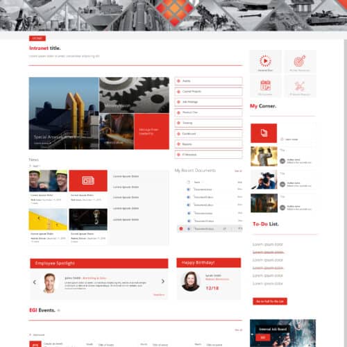 Screenshot of a manufacturing SharePoint intranet homepage with news, employee tools, quick links, documents, and employee spotlight