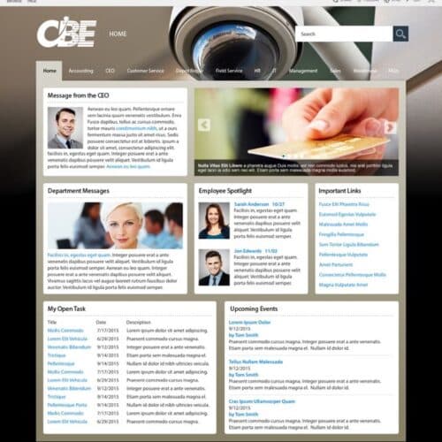 Screenshot of a corporate SharePoint intranet homepage with CEO message, department updates, employee spotlight, and task lists