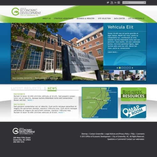 Screenshot of a government intranet homepage with news updates, project highlights, maps, and business resources