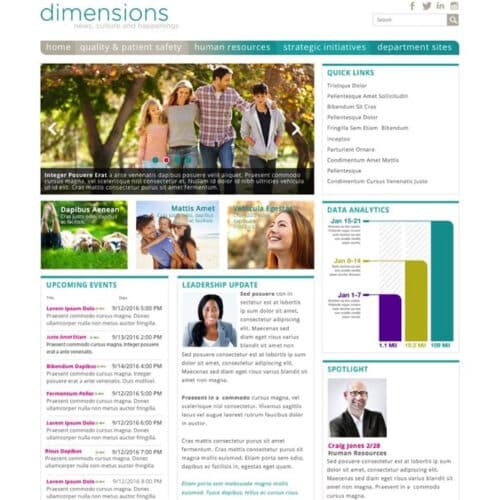 Screenshot of a healthcare SharePoint intranet homepage with news, quick links, leadership updates, events, and analytics dashboard
