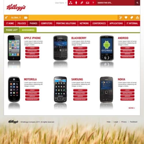 Screenshot of an IT services SharePoint intranet page with mobile device catalog including iPhone, Android, and other devices with support options
