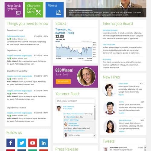 Screenshot of an enterprise SharePoint intranet homepage with dashboards, employee tools, job board, Yammer feed, and company news