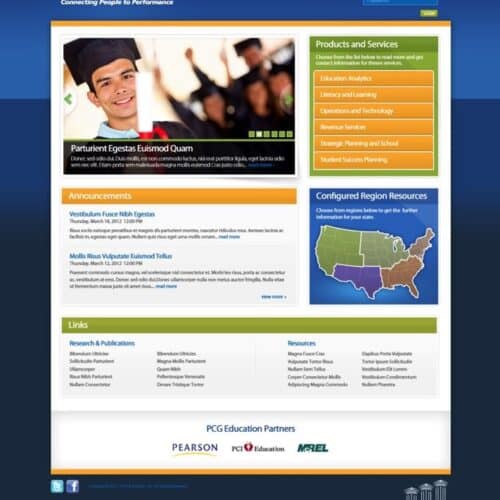 Screenshot of an education intranet portal with announcements, products and services, resource links, and regional information
