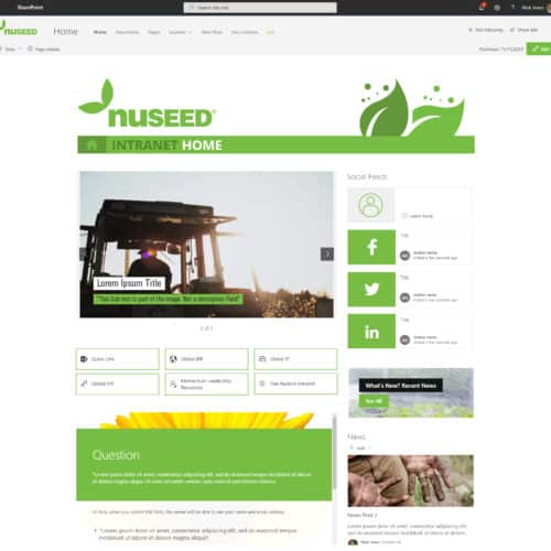 Screenshot of an agriculture company SharePoint intranet homepage with news, social feeds, quick links, and internal resources