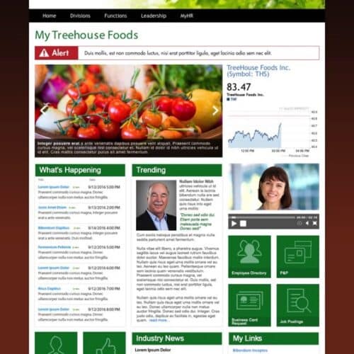 Screenshot of a corporate intranet homepage with alerts, employee news, trending content, stock information, and quick links