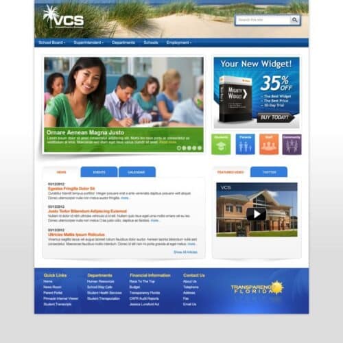 Screenshot of a school district intranet homepage with student news, events, quick links, and featured video content