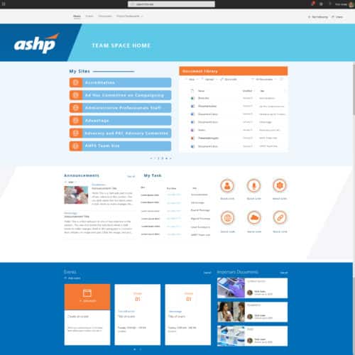 Screenshot of a SharePoint team collaboration intranet homepage with document library, announcements, tasks, and quick links