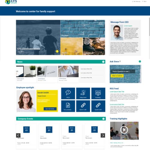 Screenshot of a nonprofit SharePoint intranet homepage with news, employee spotlight, events, and support resources