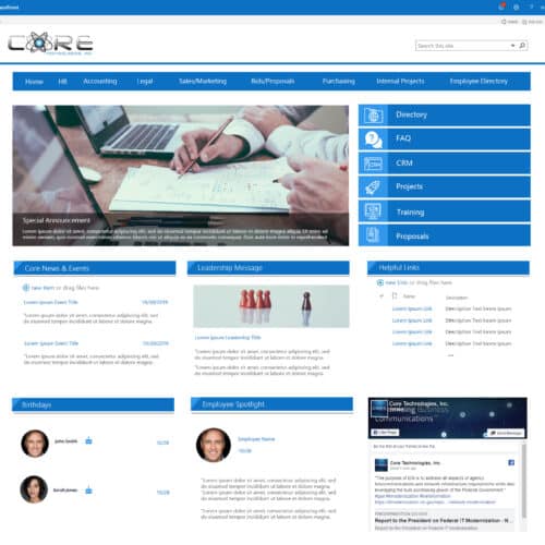 Screenshot of a corporate SharePoint intranet homepage with news, leadership message, employee directory, quick links, and employee spotlight