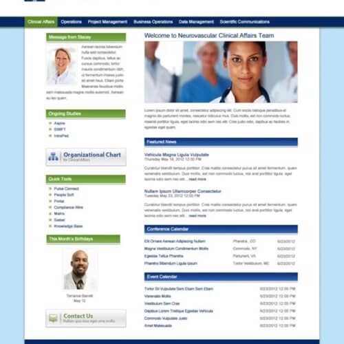 Screenshot of a clinical affairs SharePoint intranet homepage with news, organizational chart, tools, and department resources