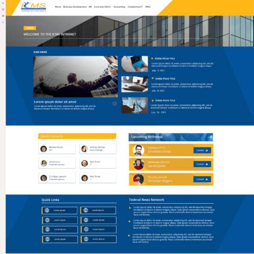 Screenshot of a corporate SharePoint intranet homepage with news, employee directory, quick contacts, and quick links