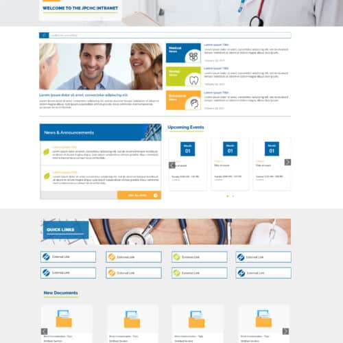 Screenshot of a healthcare SharePoint intranet homepage with news, announcements, upcoming events, quick links, and documents
