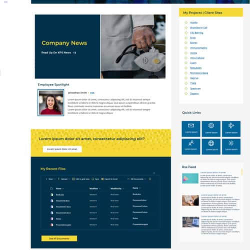 Screenshot of a healthcare SharePoint intranet homepage with company news, employee spotlight, quick links, and recent documents