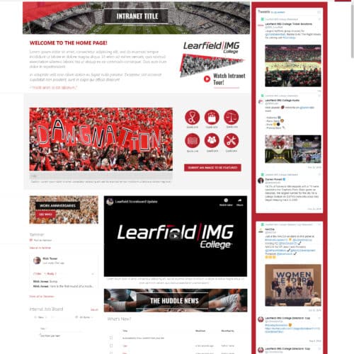Screenshot of a sports and media SharePoint intranet homepage with news, social media feeds, quick links, and employee content
