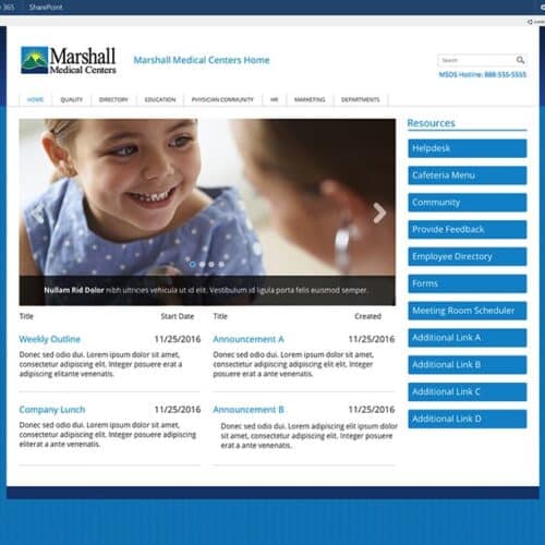 Screenshot of a healthcare SharePoint intranet homepage with announcements, resource links, employee directory, and scheduling tools