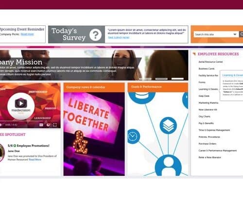 Screenshot of a corporate SharePoint intranet homepage with company mission, employee spotlight, calendar, and resource navigation