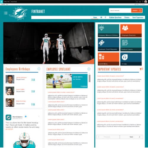 Screenshot of a sports organization SharePoint intranet homepage with employee spotlight, updates, quick links, and internal tools