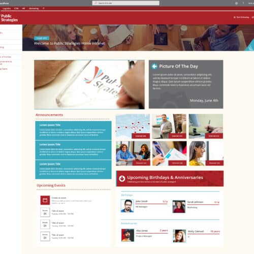 Screenshot of a corporate SharePoint intranet homepage with announcements, events, employee recognition, and quick links