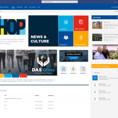 Screenshot of a modern SharePoint intranet homepage with news, culture content, quick links, documents, and employee resources
