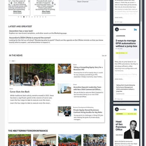 Screenshot of a consulting firm SharePoint intranet homepage with news, employee recognition, social feed, quick links, and resources