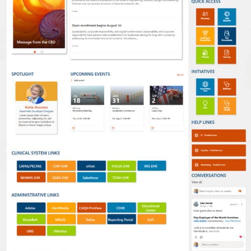 Screenshot of a nonprofit SharePoint intranet homepage with news, employee spotlight, events, quick links, and community resources
