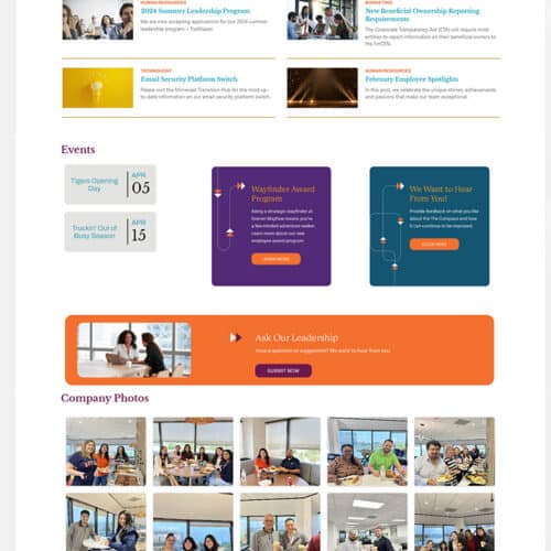 Screenshot of a professional services SharePoint intranet homepage with news, events, employee engagement, and company updates