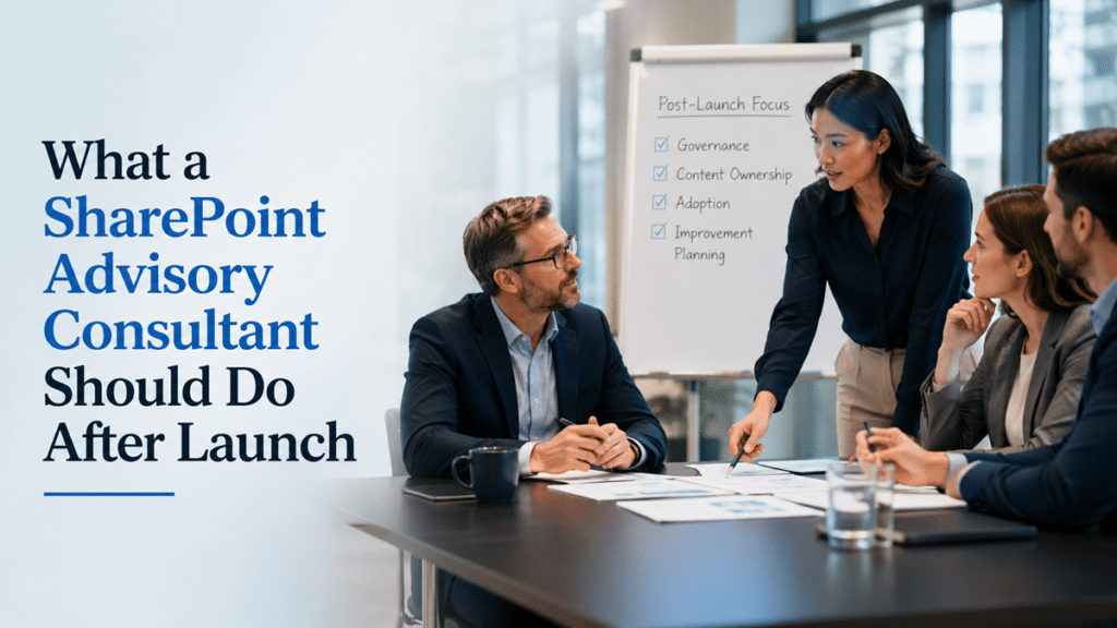 SharePoint advisory consultant meeting with business stakeholders to review governance, content ownership, adoption, and post-launch improvement planning