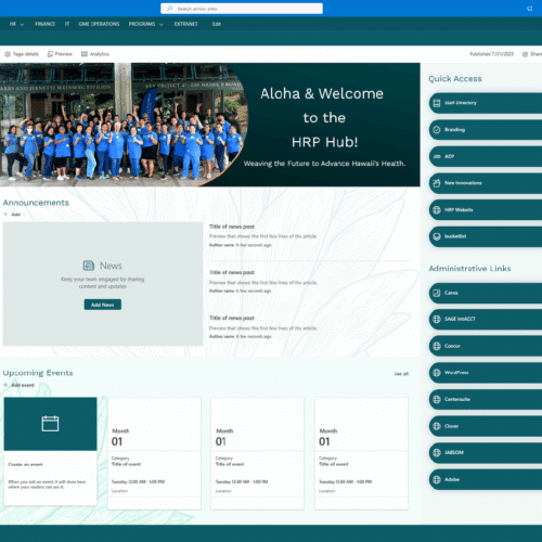 Screenshot of a healthcare SharePoint intranet homepage with announcements, upcoming events, and quick access links