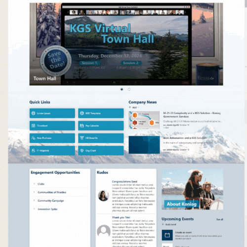 Screenshot of a corporate SharePoint intranet homepage with virtual town hall, company news, quick links, and engagement features
