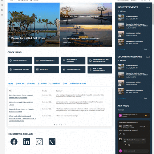 Screenshot of a travel and hospitality SharePoint intranet homepage with promotions, quick links, industry events, and news