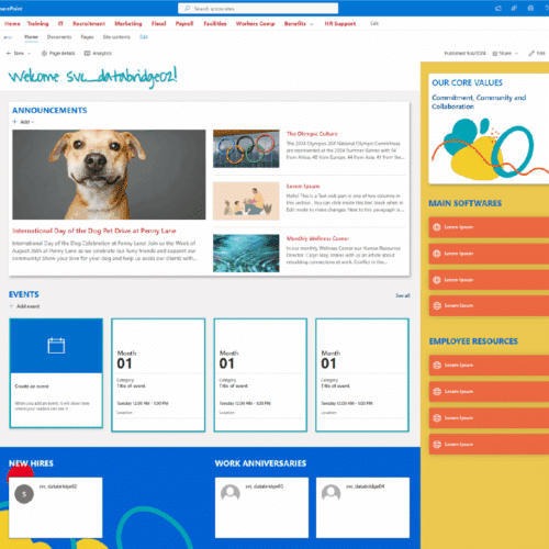 Screenshot of a corporate SharePoint intranet homepage with announcements, events, new hires, and employee resources