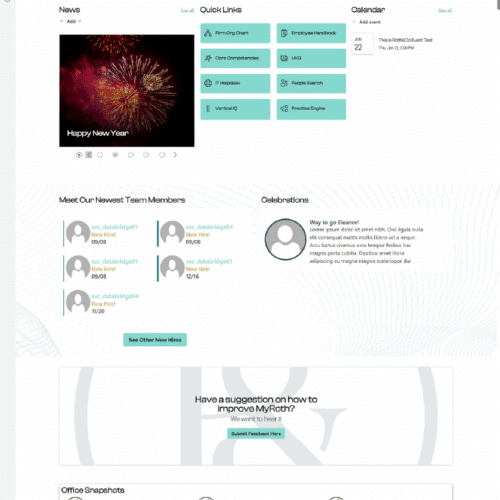 Screenshot of a professional services SharePoint intranet homepage with news, quick links, calendar, and employee updates