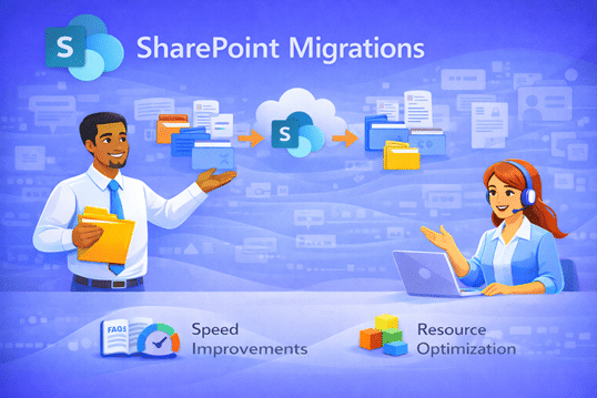 Illustration of SharePoint migrations showing files moving into SharePoint Online with professionals managing document transfer, highlighting speed improvements and resource optimization for Microsoft 365 migration projects