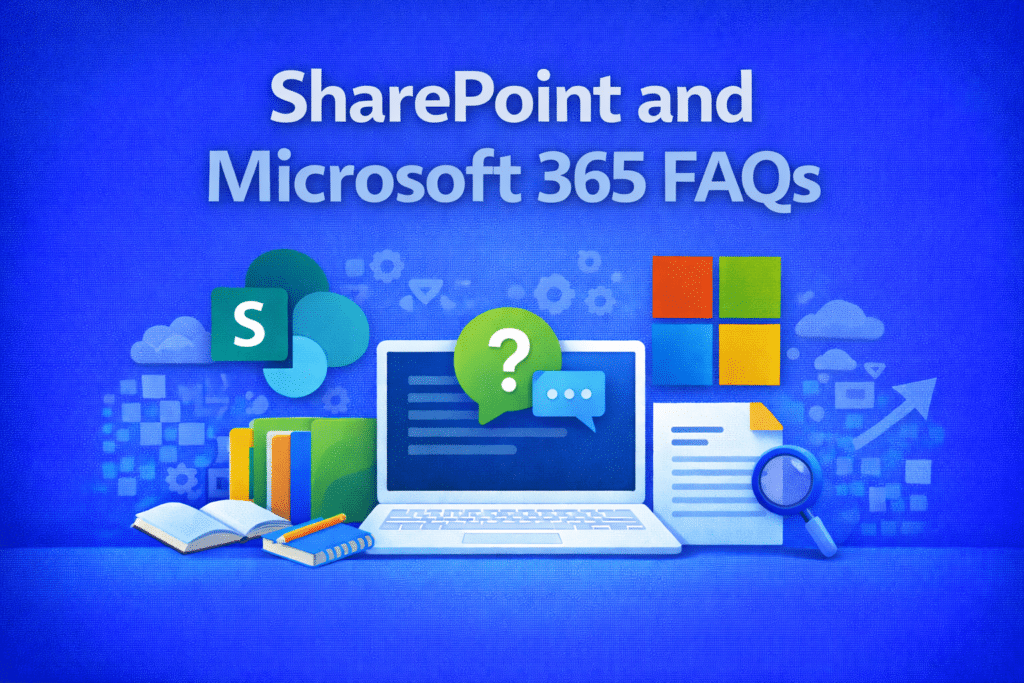 Illustration for SharePoint and Microsoft 365 FAQs page showing SharePoint and Microsoft logos, a laptop with question icons, documents, and search elements representing common questions about SharePoint consulting and Microsoft 365 services