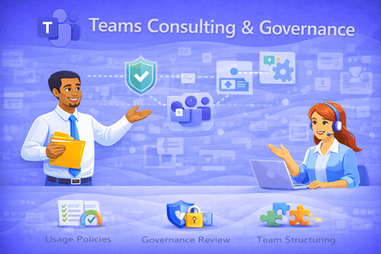 Illustration representing Microsoft Teams consulting and governance, highlighting security, usage policies, team structure, and governance review.