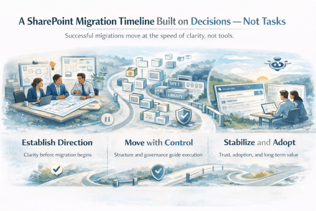 SharePoint migration timeline infographic showing decision-driven planning, governance controls, site and library structure, and post-migration adoption strategy for successful SharePoint Online transitions
