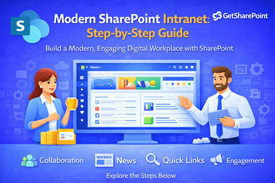 Hero image for Building a Modern SharePoint Intranet guide showing SharePoint Online homepage design with collaboration, news, search, quick links, and digital workplace engagement in Microsoft 365