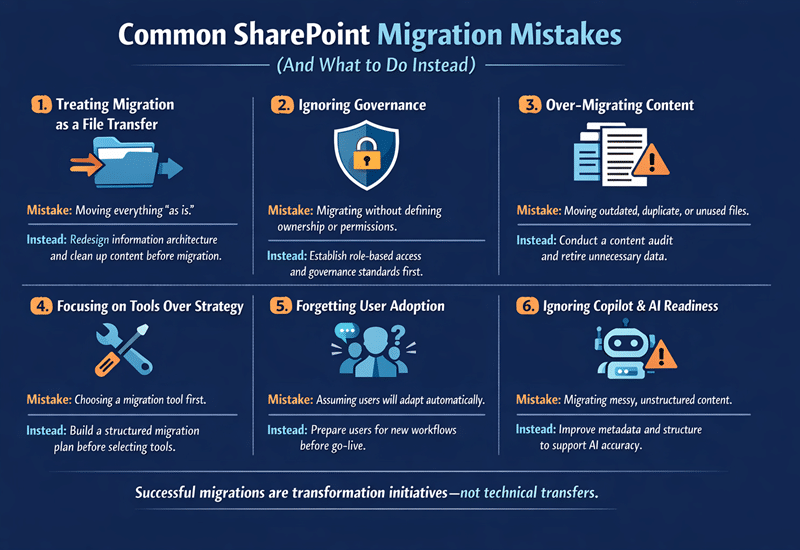 Infographic titled “Common SharePoint Migration Mistakes (And What to Do Instead)” outlining six common migration pitfalls including file-only transfers, governance gaps, over-migrating content, tool-first thinking, lack of user adoption planning, and ignoring Copilot and AI readiness