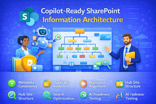 Copilot-Ready SharePoint information architecture diagram showing metadata strategy, governance alignment, search optimization, and AI readiness in Microsoft 365