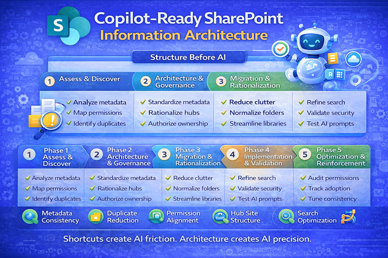 Copilot-ready SharePoint information architecture infographic showing metadata strategy, governance, search optimization, and AI readiness framework