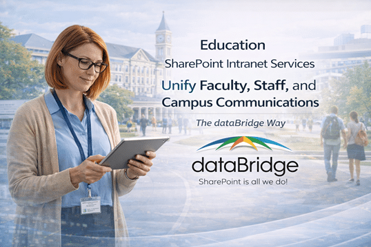 University staff member using a tablet on campus, representing dataBridge SharePoint intranet solutions that unify faculty, staff, and campus communications in Microsoft 365