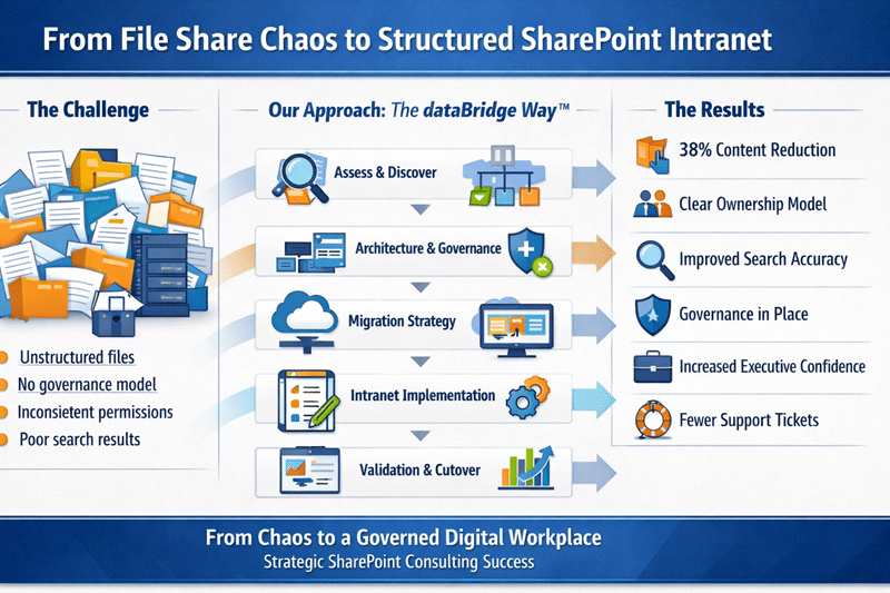 Use case infographic showing the transformation from unstructured file shares to a governed SharePoint intranet through The dataBridge Way™ framework, highlighting assessment, governance design, migration strategy, intranet implementation, and measurable results
