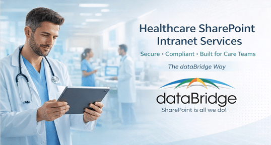 Healthcare professionals using a modern SharePoint intranet dashboard designed for secure and compliant hospital collaboration